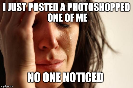 First World Problems Meme | I JUST POSTED A PHOTOSHOPPED ONE OF ME NO ONE NOTICED | image tagged in memes,first world problems | made w/ Imgflip meme maker