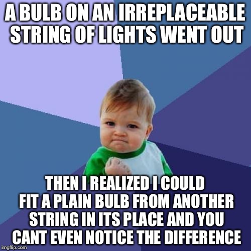 Success Kid Meme | A BULB ON AN IRREPLACEABLE STRING OF LIGHTS WENT OUT; THEN I REALIZED I COULD FIT A PLAIN BULB FROM ANOTHER STRING IN ITS PLACE AND YOU CANT EVEN NOTICE THE DIFFERENCE | image tagged in memes,success kid | made w/ Imgflip meme maker