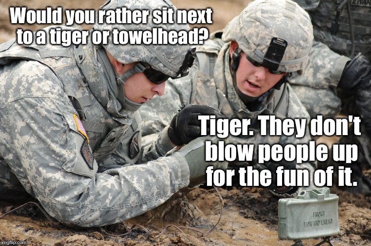 Would you rather sit next to a tiger or towelhead? Tiger. They don't blow people up for the fun of it. | made w/ Imgflip meme maker