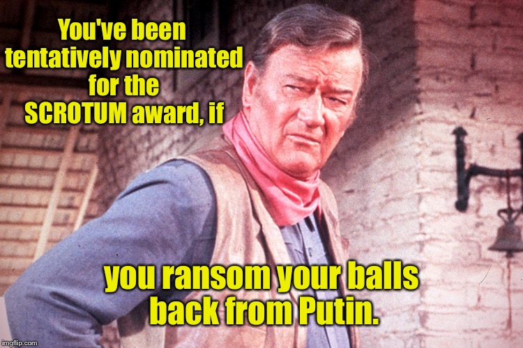You've been tentatively nominated for the SCROTUM award, if you ransom your balls back from Putin. | made w/ Imgflip meme maker