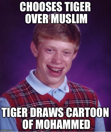 Bad Luck Brian Meme | CHOOSES TIGER OVER MUSLIM TIGER DRAWS CARTOON OF MOHAMMED | image tagged in memes,bad luck brian | made w/ Imgflip meme maker