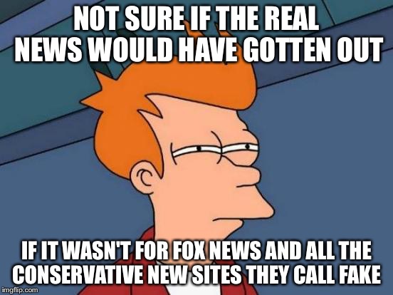 Futurama Fry Meme | NOT SURE IF THE REAL NEWS WOULD HAVE GOTTEN OUT IF IT WASN'T FOR FOX NEWS AND ALL THE CONSERVATIVE NEW SITES THEY CALL FAKE | image tagged in memes,futurama fry | made w/ Imgflip meme maker
