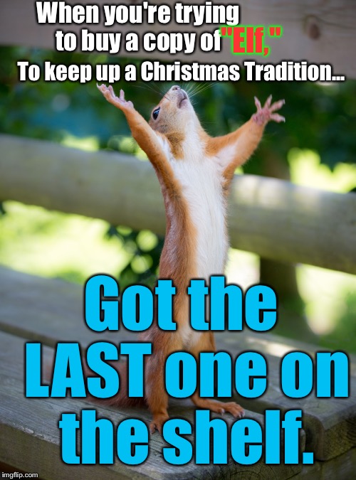 I Don't Have Time To Find It On TV This Year | When you're trying to buy a copy of; "Elf,"; To keep up a Christmas Tradition... Got the LAST one on the shelf. | image tagged in hallelujah,christmas,elf,memes | made w/ Imgflip meme maker