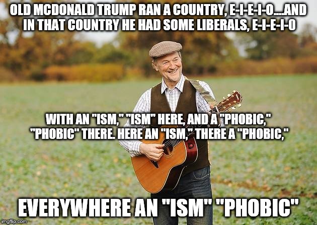 Liberals against Trump...brought to music. | OLD MCDONALD TRUMP RAN A COUNTRY, E-I-E-I-O....AND IN THAT COUNTRY HE HAD SOME LIBERALS, E-I-E-I-0; WITH AN "ISM," "ISM" HERE, AND A "PHOBIC," "PHOBIC" THERE. HERE AN "ISM," THERE A "PHOBIC,"; EVERYWHERE AN "ISM" "PHOBIC" | image tagged in memes,funny memes,donald trump | made w/ Imgflip meme maker