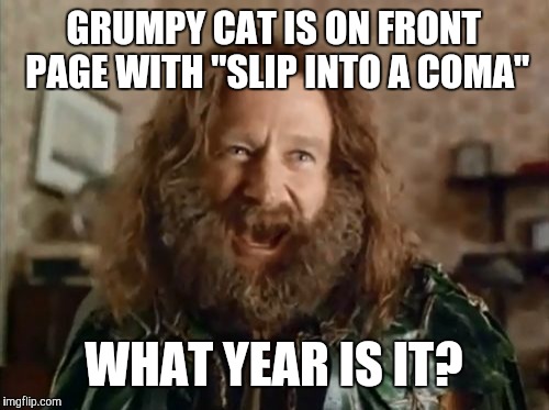 Wooo-woop that's the sound of da repost police | GRUMPY CAT IS ON FRONT PAGE WITH "SLIP INTO A COMA"; WHAT YEAR IS IT? | image tagged in memes,what year is it,repost police,woops | made w/ Imgflip meme maker