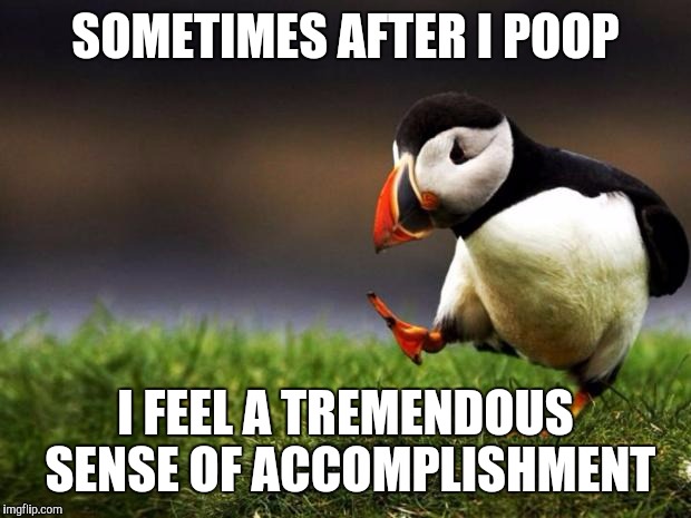 Up-vote if you're honest | SOMETIMES AFTER I POOP; I FEEL A TREMENDOUS SENSE OF ACCOMPLISHMENT | image tagged in memes,unpopular opinion puffin | made w/ Imgflip meme maker