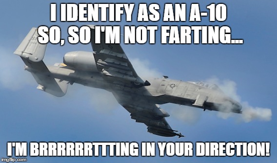 I identify | I IDENTIFY AS AN A-10 SO, SO I'M NOT FARTING... I'M BRRRRRRTTTING IN YOUR DIRECTION! | image tagged in a-10 warthog firing | made w/ Imgflip meme maker