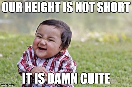 Evil Toddler | OUR HEIGHT IS NOT SHORT; IT IS DAMN CUITE | image tagged in memes,evil toddler | made w/ Imgflip meme maker
