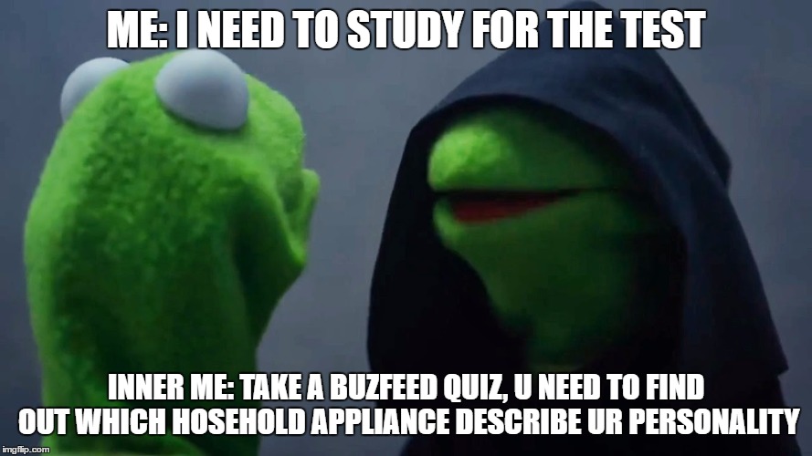 Kermit Inner Me | ME: I NEED TO STUDY FOR THE TEST; INNER ME: TAKE A BUZFEED QUIZ, U NEED TO FIND OUT WHICH HOSEHOLD APPLIANCE DESCRIBE UR PERSONALITY | image tagged in kermit inner me | made w/ Imgflip meme maker