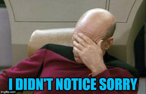 Captain Picard Facepalm Meme | I DIDN'T NOTICE SORRY | image tagged in memes,captain picard facepalm | made w/ Imgflip meme maker