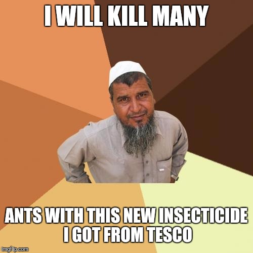 Ordinary Muslim Man | I WILL KILL MANY; ANTS WITH THIS NEW INSECTICIDE I GOT FROM TESCO | image tagged in memes,ordinary muslim man | made w/ Imgflip meme maker