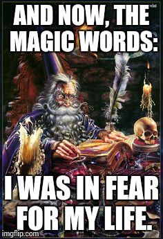 wizard |  AND NOW, THE MAGIC WORDS:; I WAS IN FEAR FOR MY LIFE. | image tagged in wizard,memes,road rage,stand your ground | made w/ Imgflip meme maker
