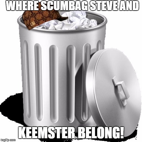 Trash can full | WHERE SCUMBAG STEVE AND; KEEMSTER BELONG! | image tagged in trash can full,scumbag,memes,keemstar | made w/ Imgflip meme maker
