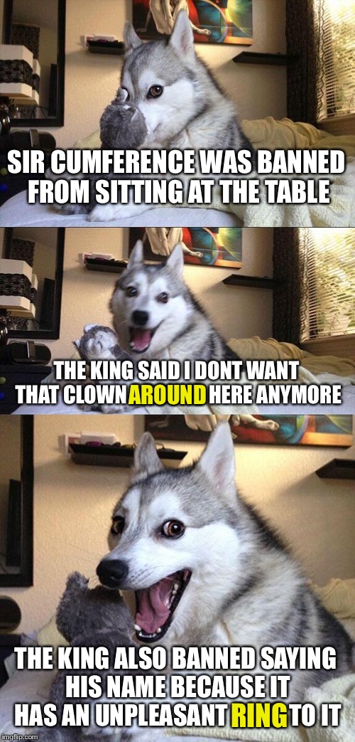 No PI for you!!! | SIR CUMFERENCE WAS BANNED FROM SITTING AT THE TABLE; THE KING SAID I DONT WANT THAT CLOWN AROUND HERE ANYMORE; AROUND; THE KING ALSO BANNED SAYING HIS NAME BECAUSE IT HAS AN UNPLEASANT RING TO IT; RING | image tagged in memes,bad pun dog | made w/ Imgflip meme maker