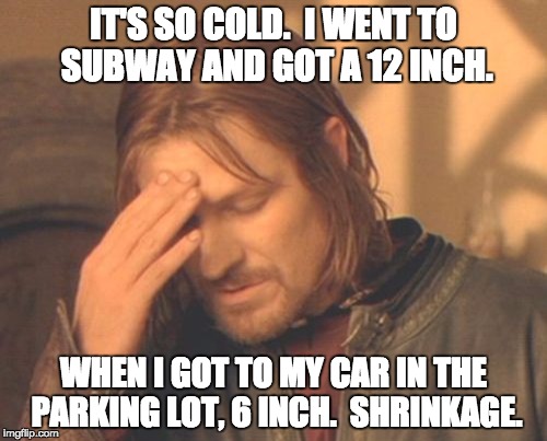 Frustrated Boromir Meme | IT'S SO COLD.  I WENT TO SUBWAY AND GOT A 12 INCH. WHEN I GOT TO MY CAR IN THE PARKING LOT, 6 INCH.  SHRINKAGE. | image tagged in memes,frustrated boromir | made w/ Imgflip meme maker