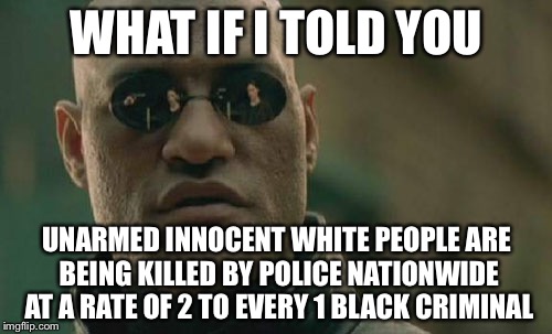 Matrix Morpheus Meme | WHAT IF I TOLD YOU UNARMED INNOCENT WHITE PEOPLE ARE BEING KILLED BY POLICE NATIONWIDE AT A RATE OF 2 TO EVERY 1 BLACK CRIMINAL | image tagged in memes,matrix morpheus | made w/ Imgflip meme maker