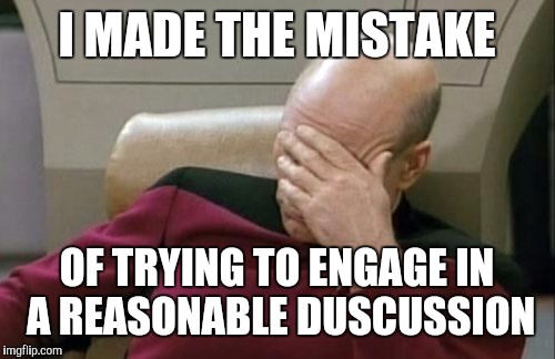 Captain Picard Facepalm | I MADE THE MISTAKE; OF TRYING TO ENGAGE IN A REASONABLE DUSCUSSION | image tagged in memes,captain picard facepalm | made w/ Imgflip meme maker