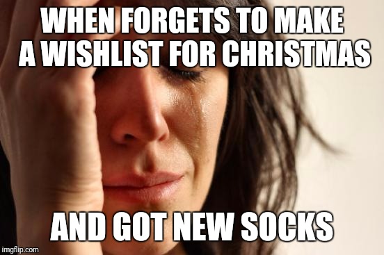 Big problems | WHEN FORGETS TO MAKE A WISHLIST FOR CHRISTMAS; AND GOT NEW SOCKS | image tagged in memes,first world problems | made w/ Imgflip meme maker