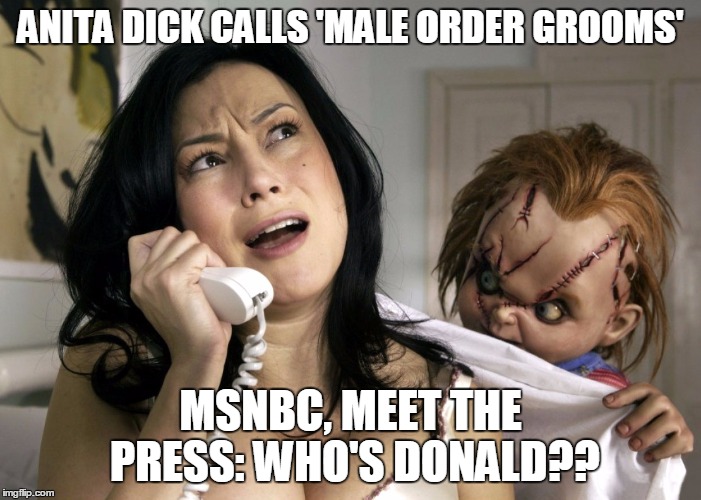 ANITA DICK CALLS 'MALE ORDER GROOMS'; MSNBC, MEET THE PRESS: WHO'S DONALD?? | image tagged in anita dick male order bride | made w/ Imgflip meme maker