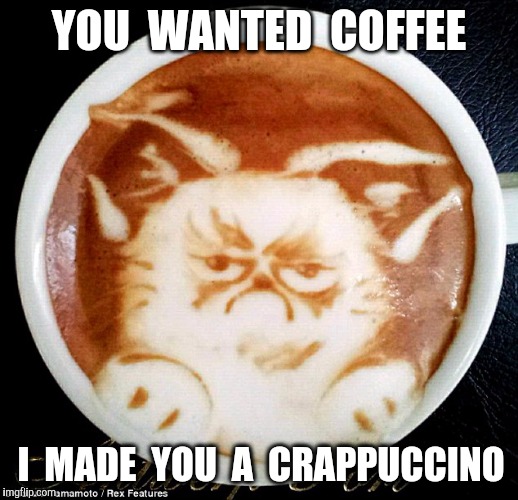 Catch It | YOU  WANTED  COFFEE; I  MADE  YOU  A  CRAPPUCCINO | image tagged in grumpy cat coffee,coffee | made w/ Imgflip meme maker