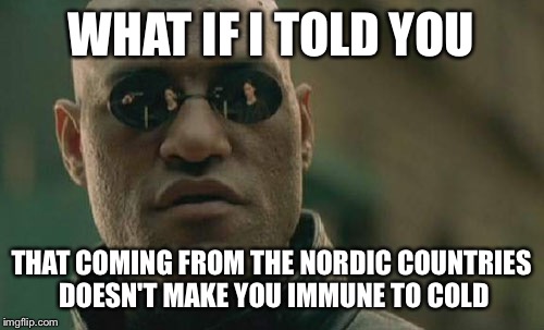 Matrix Morpheus Meme | WHAT IF I TOLD YOU; THAT COMING FROM THE NORDIC COUNTRIES DOESN'T MAKE YOU IMMUNE TO COLD | image tagged in memes,matrix morpheus | made w/ Imgflip meme maker