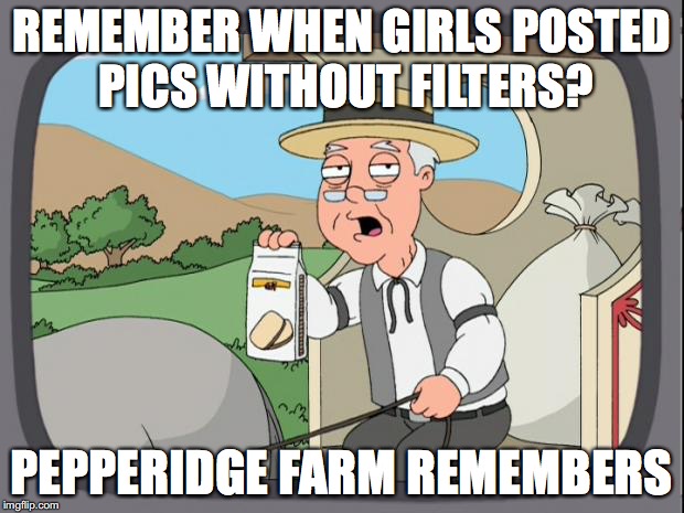 Pepperidge Farm about Selfie Filters | REMEMBER WHEN GIRLS POSTED PICS WITHOUT FILTERS? PEPPERIDGE FARM REMEMBERS | image tagged in pepperidge,farm,selfie,pics,snapchat,instagram | made w/ Imgflip meme maker