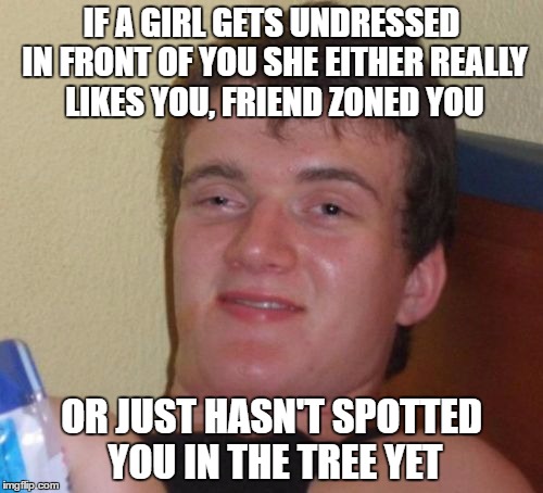 10 Guy Meme | IF A GIRL GETS UNDRESSED IN FRONT OF YOU SHE EITHER REALLY LIKES YOU, FRIEND ZONED YOU; OR JUST HASN'T SPOTTED YOU IN THE TREE YET | image tagged in memes,10 guy | made w/ Imgflip meme maker
