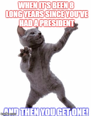 Doing the happy TRUMP dance | WHEN IT'S BEEN 8 LONG YEARS SINCE YOU'VE HAD A PRESIDENT; AND THEN YOU GET ONE! | image tagged in memes,funny cat memes,president trump,trump | made w/ Imgflip meme maker