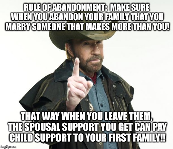 Chuck Norris Finger | RULE OF ABANDONMENT:

MAKE SURE WHEN YOU ABANDON YOUR FAMILY THAT YOU MARRY SOMEONE THAT MAKES MORE THAN YOU! THAT WAY WHEN YOU LEAVE THEM, THE SPOUSAL SUPPORT YOU GET CAN PAY CHILD SUPPORT TO YOUR FIRST FAMILY!! | image tagged in memes,chuck norris finger,chuck norris | made w/ Imgflip meme maker