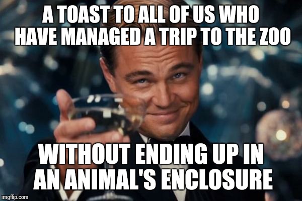 2016 must hold the record.  | A TOAST TO ALL OF US WHO HAVE MANAGED A TRIP TO THE ZOO; WITHOUT ENDING UP IN AN ANIMAL'S ENCLOSURE | image tagged in memes,leonardo dicaprio cheers | made w/ Imgflip meme maker