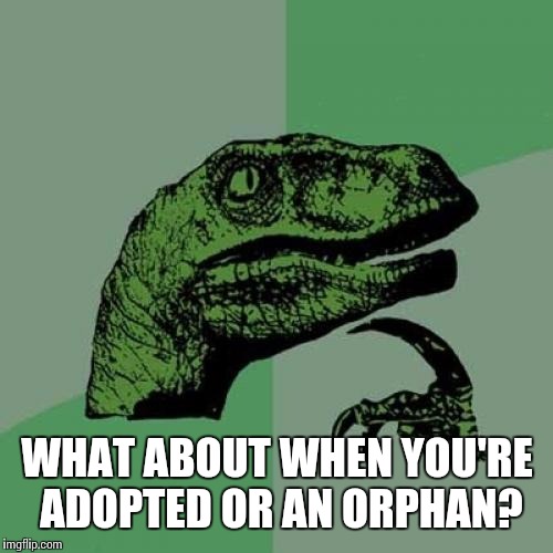 Philosoraptor Meme | WHAT ABOUT WHEN YOU'RE ADOPTED OR AN ORPHAN? | image tagged in memes,philosoraptor | made w/ Imgflip meme maker