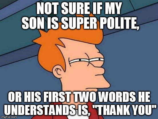 Every other word out of his mouth is thank you. | NOT SURE IF MY SON IS SUPER POLITE, OR HIS FIRST TWO WORDS HE UNDERSTANDS IS, "THANK YOU" | image tagged in memes,futurama fry | made w/ Imgflip meme maker