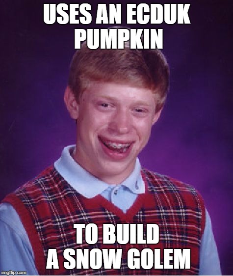 Bad Luck Brian Meme | USES AN ECDUK PUMPKIN; TO BUILD A SNOW GOLEM | image tagged in memes,bad luck brian | made w/ Imgflip meme maker