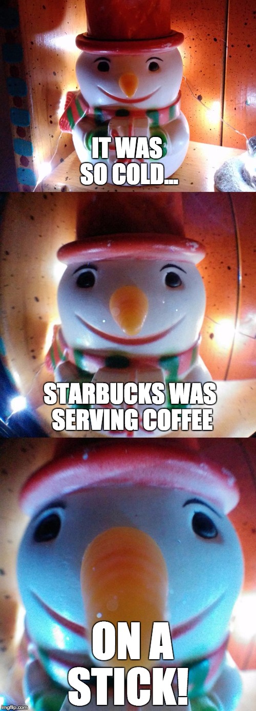 It was so cold... starbucks | IT WAS SO COLD... STARBUCKS WAS SERVING COFFEE; ON A STICK! | image tagged in snow joke,starbucks,letsgetwordy,cold,snowman,stick | made w/ Imgflip meme maker