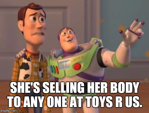 X, X Everywhere Meme | SHE'S SELLING HER BODY TO ANY ONE AT TOYS R US. | image tagged in memes,x x everywhere | made w/ Imgflip meme maker