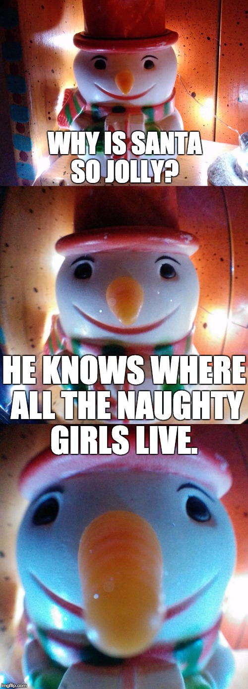 Naughty girls... | WHY IS SANTA SO JOLLY? HE KNOWS WHERE ALL THE NAUGHTY GIRLS LIVE. | image tagged in snow joke,santa,jolly,letsgetwordy,naughty girls | made w/ Imgflip meme maker