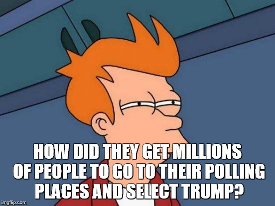 Futurama Fry Meme | HOW DID THEY GET MILLIONS OF PEOPLE TO GO TO THEIR POLLING PLACES AND SELECT TRUMP? | image tagged in memes,futurama fry | made w/ Imgflip meme maker