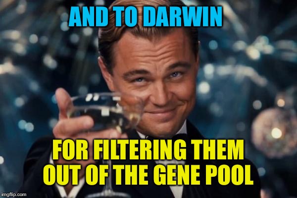 Leonardo Dicaprio Cheers Meme | AND TO DARWIN FOR FILTERING THEM OUT OF THE GENE POOL | image tagged in memes,leonardo dicaprio cheers | made w/ Imgflip meme maker