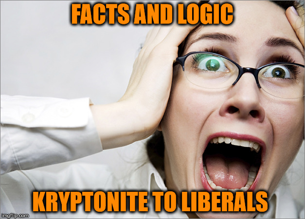 Horrified Liberal | FACTS AND LOGIC; KRYPTONITE TO LIBERALS | image tagged in horrified liberal | made w/ Imgflip meme maker
