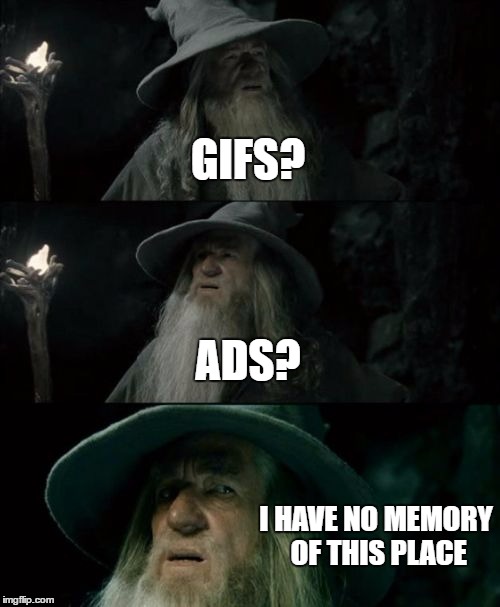 Confused Gandalf Meme | GIFS? ADS? I HAVE NO MEMORY OF THIS PLACE | image tagged in memes,confused gandalf | made w/ Imgflip meme maker