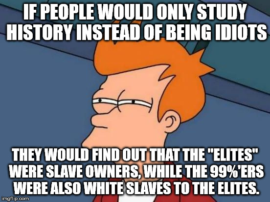 Futurama Fry Reverse | IF PEOPLE WOULD ONLY STUDY HISTORY INSTEAD OF BEING IDIOTS THEY WOULD FIND OUT THAT THE "ELITES" WERE SLAVE OWNERS, WHILE THE 99%'ERS WERE A | image tagged in futurama fry reverse | made w/ Imgflip meme maker