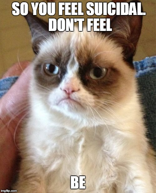 Grumpy Cat | SO YOU FEEL SUICIDAL. DON'T FEEL; BE | image tagged in memes,grumpy cat | made w/ Imgflip meme maker