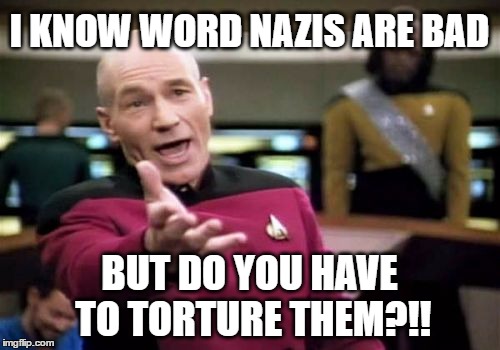 Picard Wtf | I KNOW WORD NAZIS ARE BAD; BUT DO YOU HAVE TO TORTURE THEM?!! | image tagged in memes,picard wtf,word,grammar nazi,grammar,torture | made w/ Imgflip meme maker