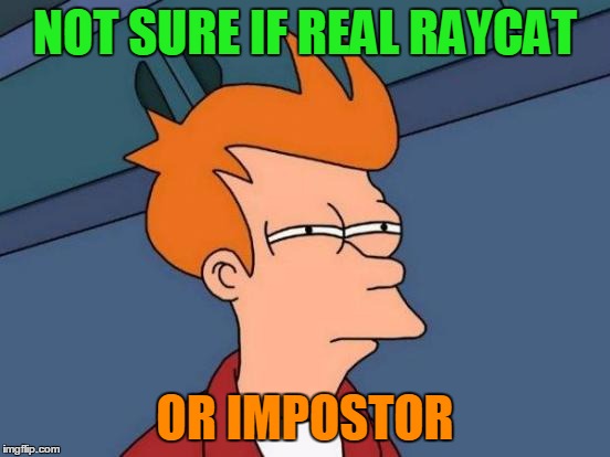 Futurama Fry Meme | NOT SURE IF REAL RAYCAT OR IMPOSTOR | image tagged in memes,futurama fry | made w/ Imgflip meme maker
