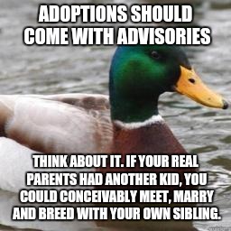Good Advice Mallard | ADOPTIONS SHOULD COME WITH ADVISORIES; THINK ABOUT IT. IF YOUR REAL PARENTS HAD ANOTHER KID, YOU COULD CONCEIVABLY MEET, MARRY AND BREED WITH YOUR OWN SIBLING. | image tagged in good advice mallard,adoption,incest | made w/ Imgflip meme maker