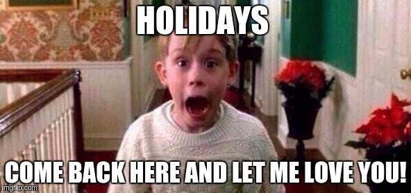 Christmas |  HOLIDAYS; COME BACK HERE AND LET ME LOVE YOU! | image tagged in christmas | made w/ Imgflip meme maker