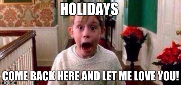 Christmas | HOLIDAYS; COME BACK HERE AND LET ME LOVE YOU! | image tagged in christmas | made w/ Imgflip meme maker