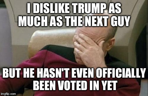 Captain Picard Facepalm Meme | I DISLIKE TRUMP AS MUCH AS THE NEXT GUY BUT HE HASN'T EVEN OFFICIALLY BEEN VOTED IN YET | image tagged in memes,captain picard facepalm | made w/ Imgflip meme maker
