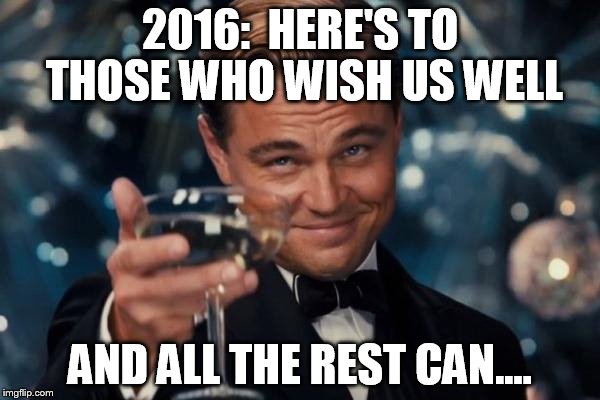 A toast to 2016 | 2016:  HERE'S TO THOSE WHO WISH US WELL; AND ALL THE REST CAN.... | image tagged in memes,leonardo dicaprio cheers | made w/ Imgflip meme maker