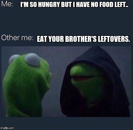 Evil Kermit | I'M SO HUNGRY BUT I HAVE NO FOOD LEFT.. EAT YOUR BROTHER'S LEFTOVERS. | image tagged in evil kermit | made w/ Imgflip meme maker